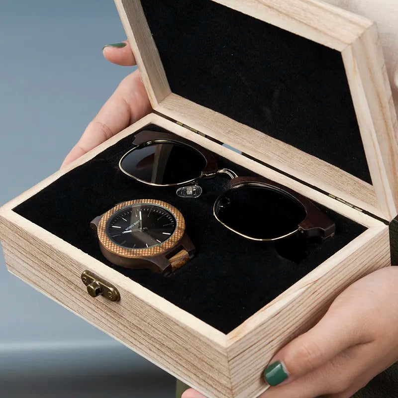 BOBO BIRD Men's Watch Sunglasses Set Wooden Timepieces Japan Movement Quartz Watches Men Great Gift reloj hombre