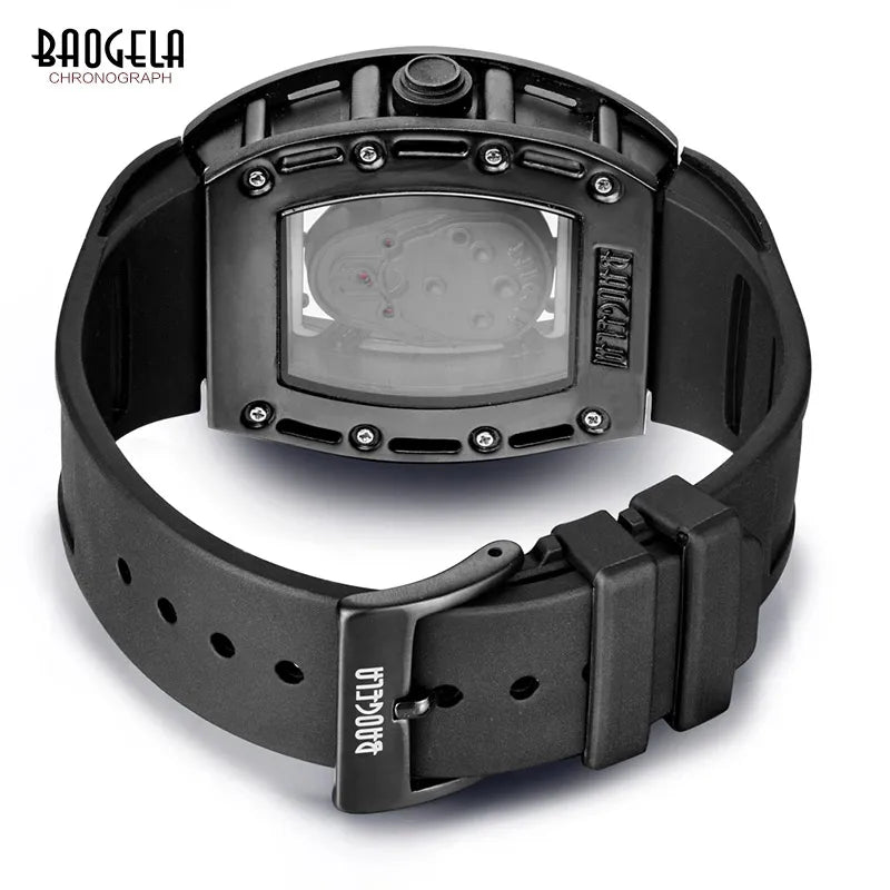 Baogela Fashion Mens Skeleton Skull Luminous Quartz Watches Military Style Black Silicone Rectangle Dial Wristwatch for Man1612