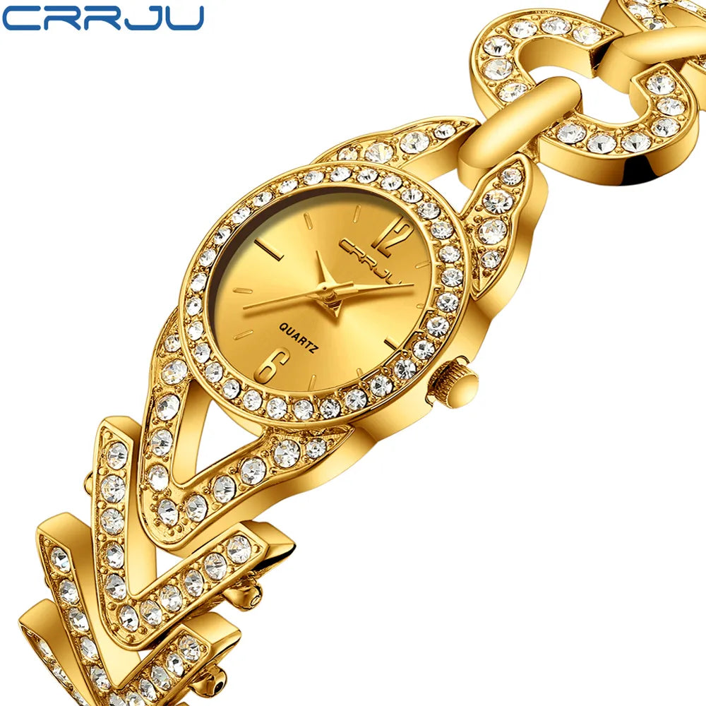 Women Watches  CRRJU Golden Waterproof Wrist Watch Fashion Jewelry Bracelet Stainless Steel Quartz watches  Male Gift Watch