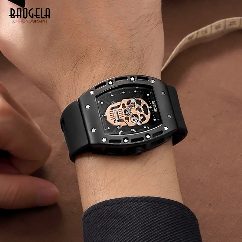 Baogela Fashion Mens Skeleton Skull Luminous Quartz Watches Military Style Black Silicone Rectangle Dial Wristwatch for Man1612