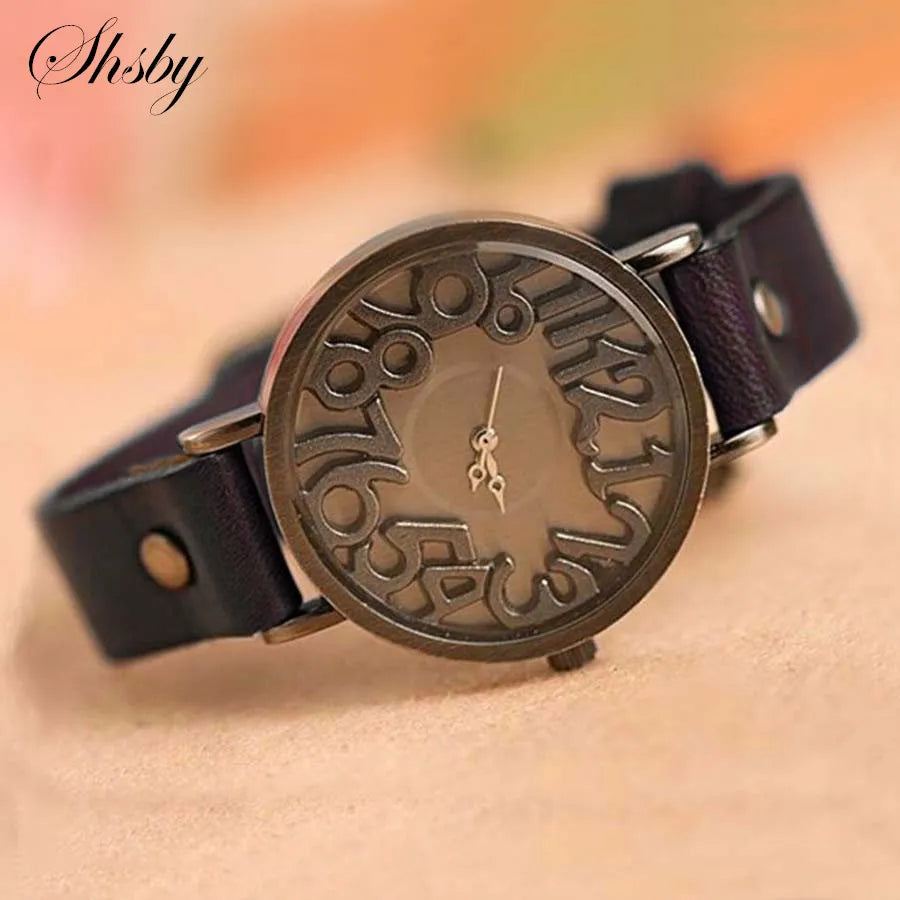 Shsby New Vintage Digital Hollow Genuine Cow Leather Strap Watches Women Dress Watches Female Quartz Watch Student Leisure Watch