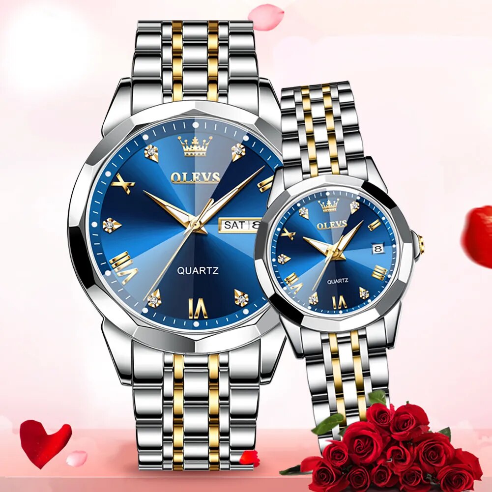 OLEVS New Women Couple Watch Luminous Quartz Watches Men Waterproof Stainless Steel Strap Quality Gifts For Lovers Wristwatch