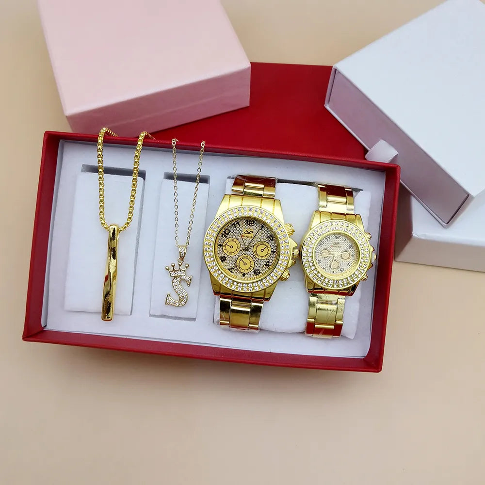 4Pcs Couple Watch Set Women Men Fashion Diamond Golden Clock Wristwatch Relogio and Necklaces Valentine's Day gift With Box