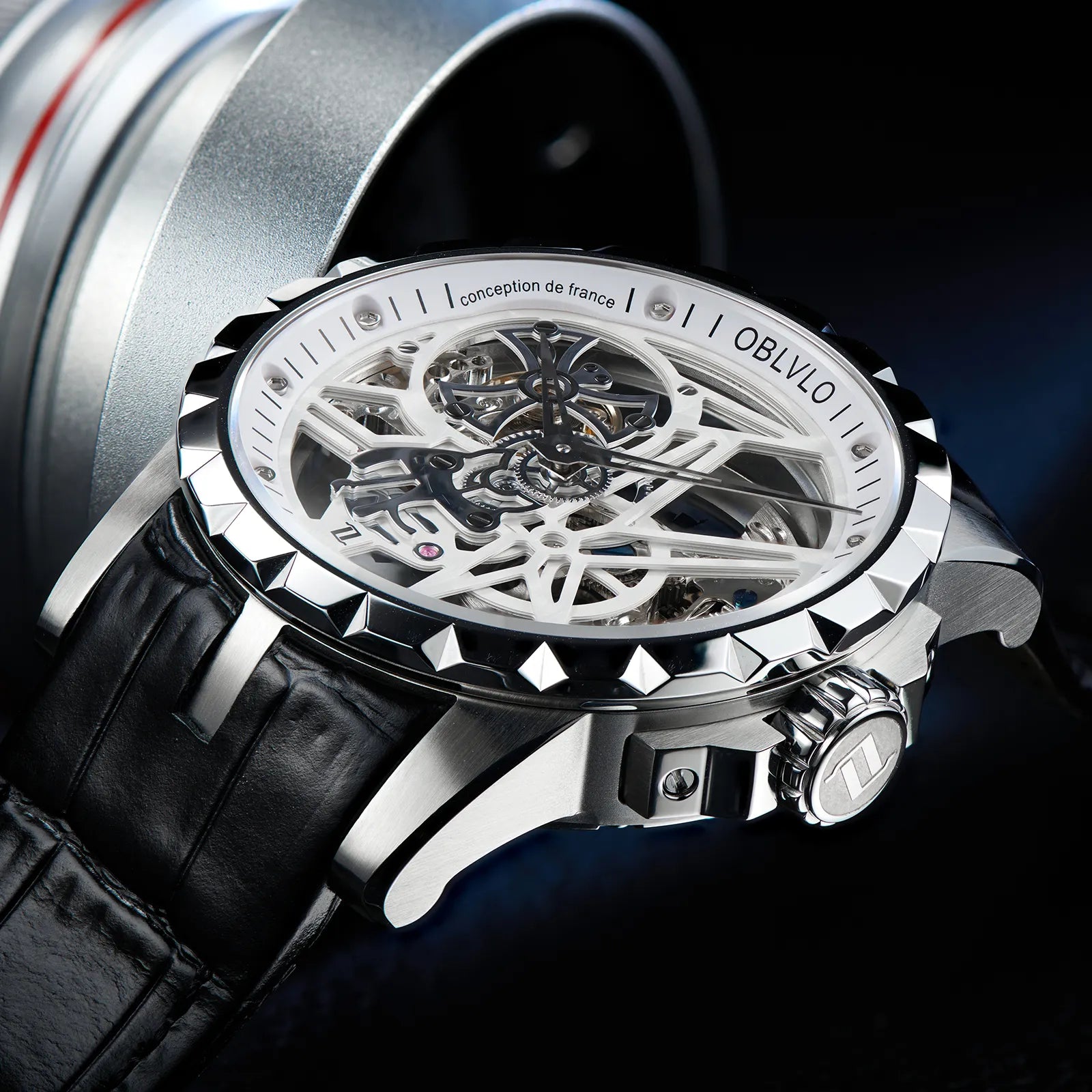 OBLVLO Luxury Sport Men Skeleton Automatical Watch Mechanical Calfskin Strap Pin Buckle Sapphire Waterproof Clock Dial 46mm RM-S