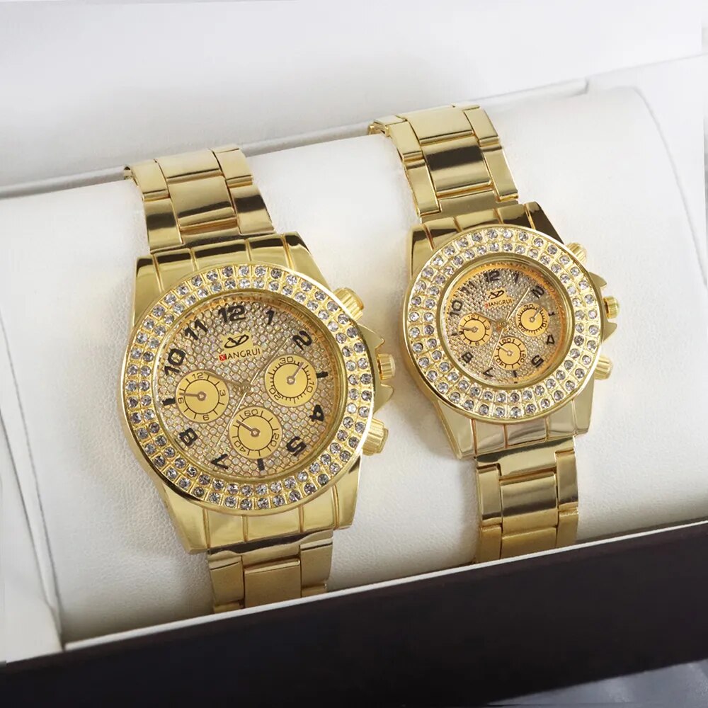 4Pcs Couple Watch Set Women Men Fashion Diamond Golden Clock Wristwatch Relogio and Necklaces Valentine's Day gift With Box