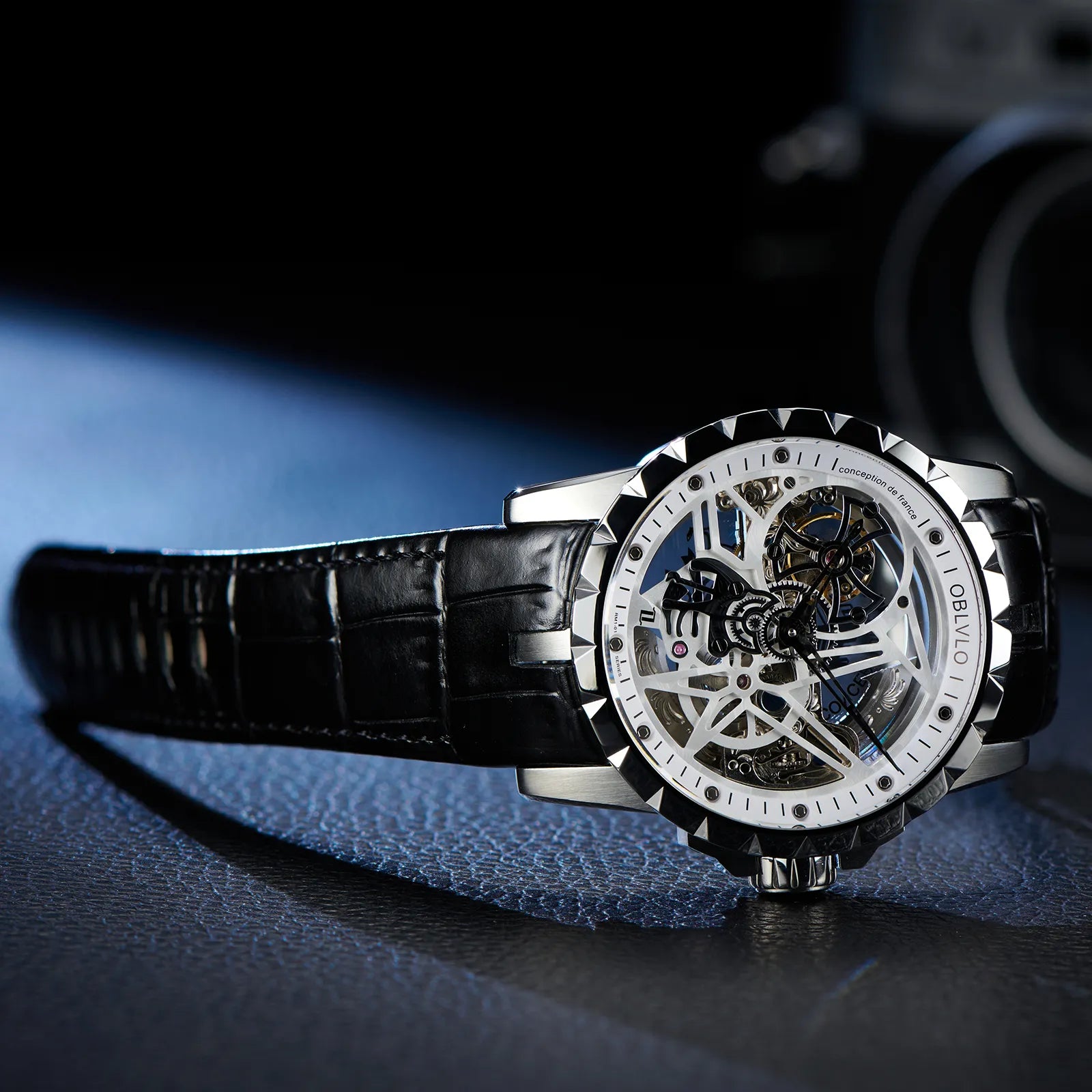 OBLVLO Luxury Sport Men Skeleton Automatical Watch Mechanical Calfskin Strap Pin Buckle Sapphire Waterproof Clock Dial 46mm RM-S