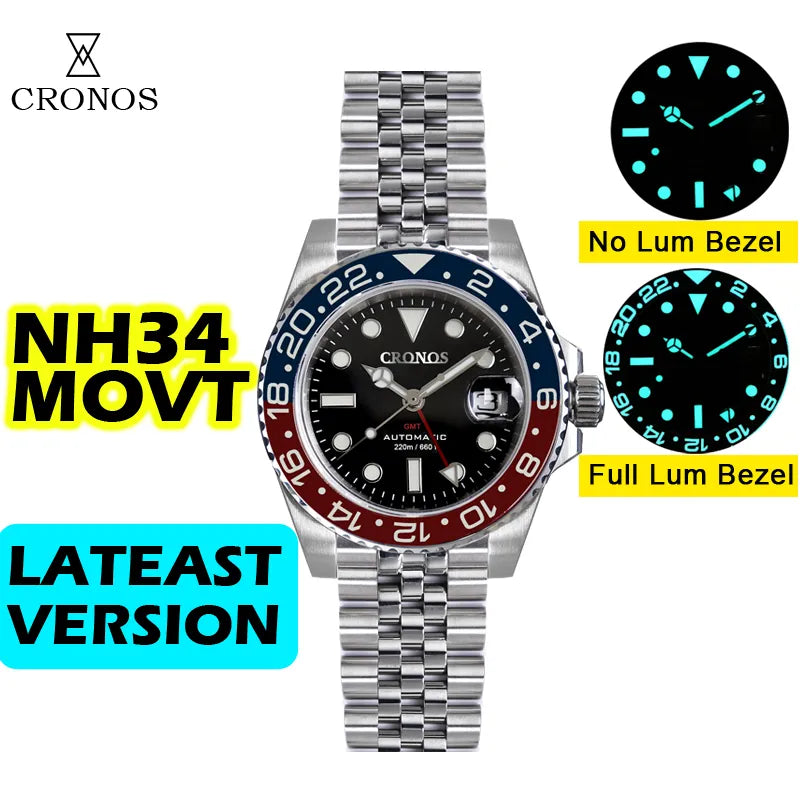 Cronos GMT Automatic Men Watch Bidirectional Bezel Sapphire 20 ATM NH34 Solid 5 links Metal Bracelet BGW-9 Lum